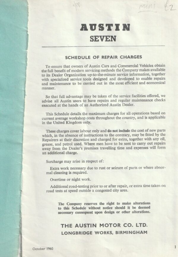 Austin Seven Saloon and Contryman Schedule of Repair Charges okt 1960  AKD1813 - Afbeelding 2