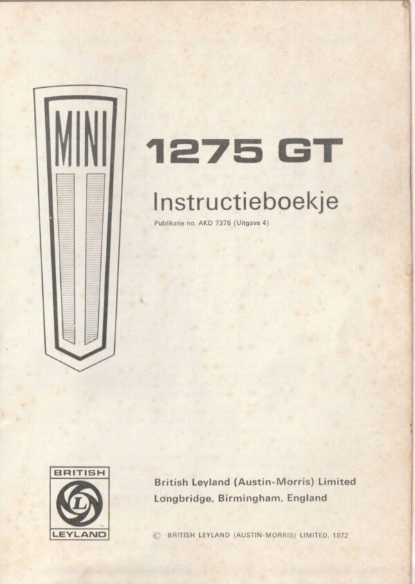 Instructieboekje Mini 1275 GT AKD 7376 1972 - Afbeelding 2