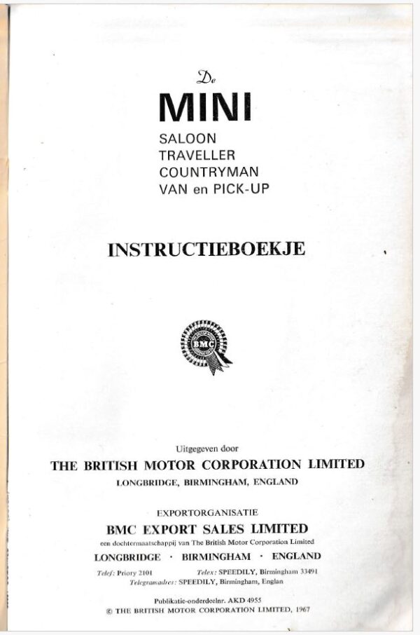 Austin Mini Original Driver’s Handbook (1967) – No. AKD 4995 (Dutch) - Afbeelding 3