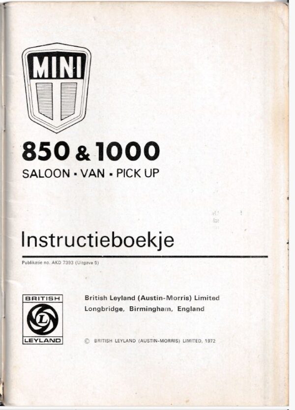 1972 Instructieboekje Mini 850 1000 AKD7393 uitgave 5 - Afbeelding 2